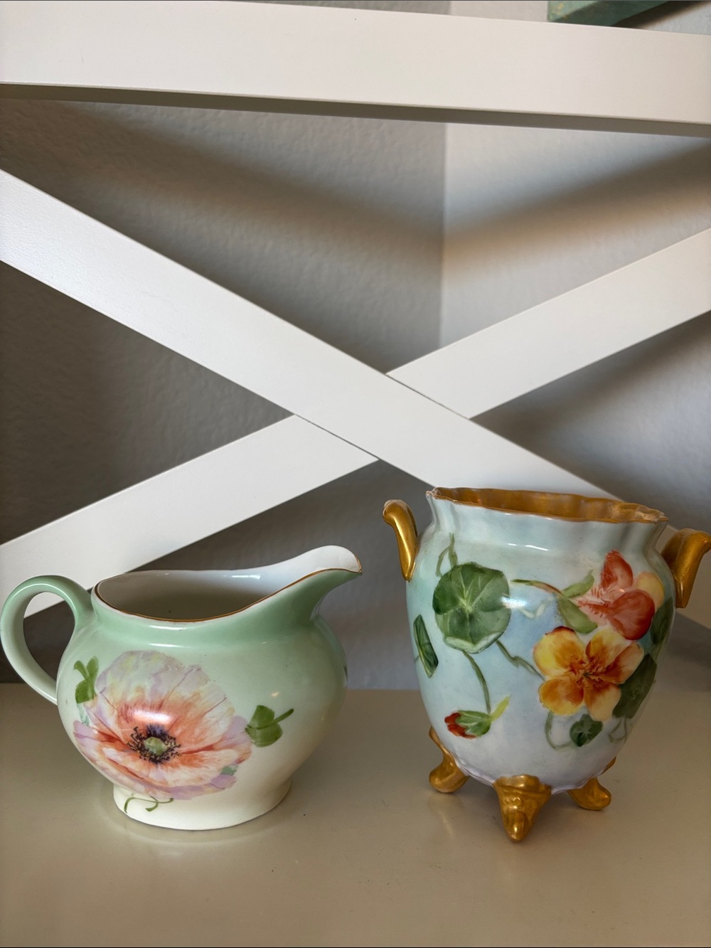 Floral Porcelain Creamer and Vase Set - Green Z.S. Bavaria Art Nouveau